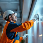 A photograph of a lighting contractor installing ultra-thin flat panel led lights in a modern commercial space