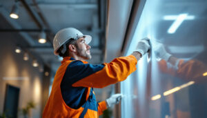A photograph of a lighting contractor installing ultra-thin flat panel led lights in a modern commercial space