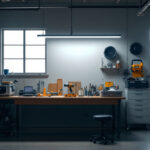 A photograph of a well-lit workshop or garage space featuring an 8 ft shop light in action