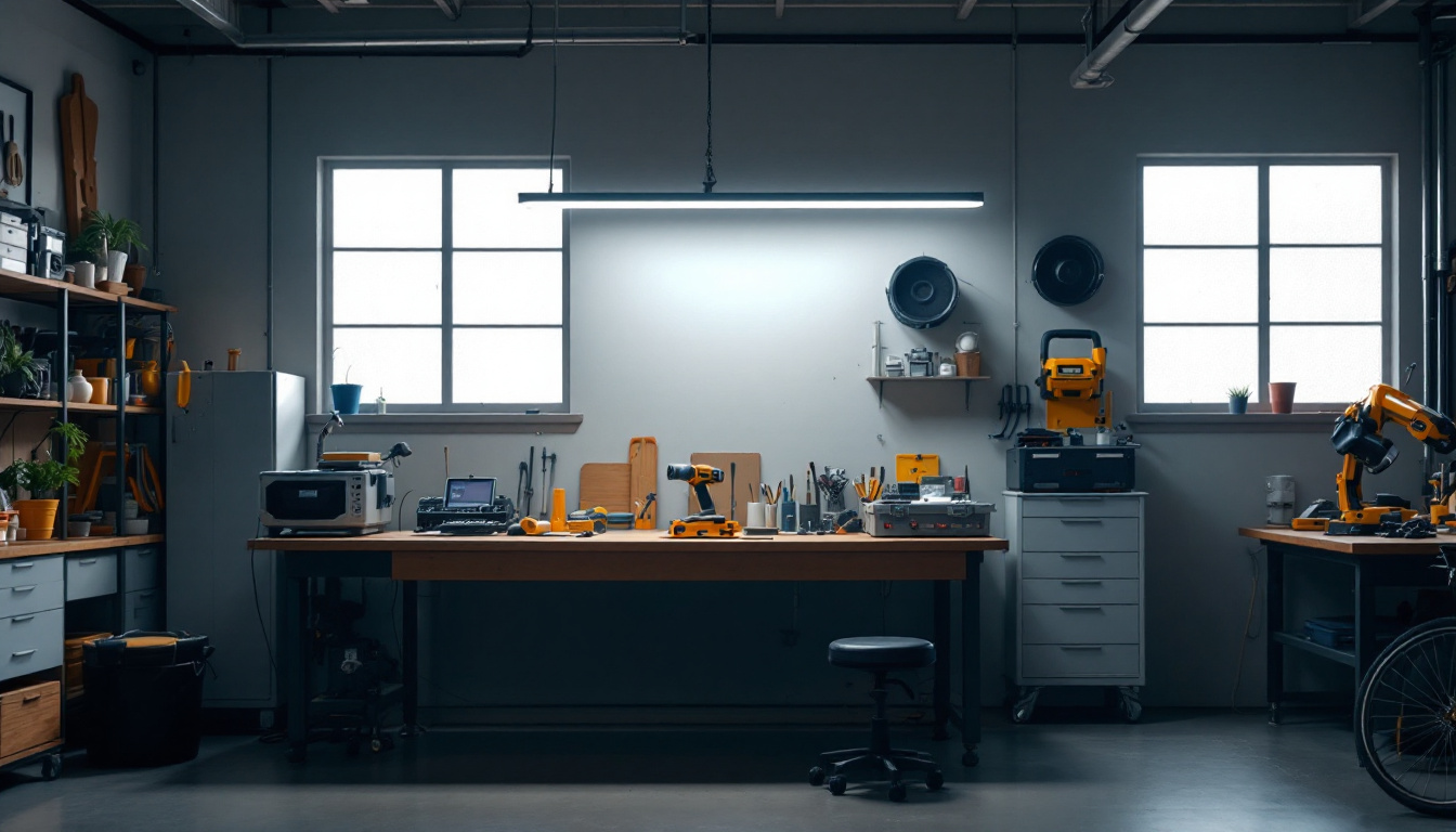 A photograph of a well-lit workshop or garage space featuring an 8 ft shop light in action