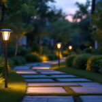 A photograph of a beautifully landscaped outdoor pathway illuminated by contemporary solar path lights at dusk