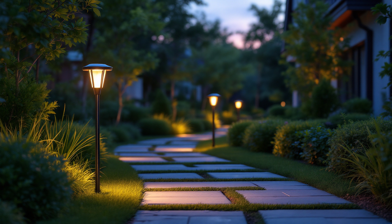 A photograph of a beautifully landscaped outdoor pathway illuminated by contemporary solar path lights at dusk