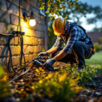A photograph of a lighting contractor skillfully installing an outdoor wire connector in a landscaped area