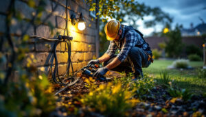 A photograph of a lighting contractor skillfully installing an outdoor wire connector in a landscaped area