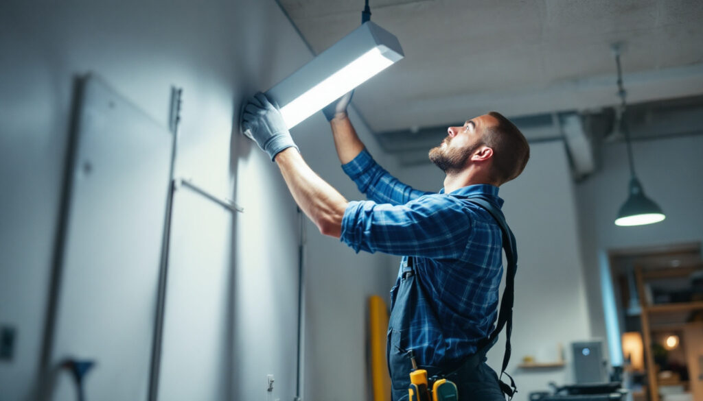 A photograph of a smart lighting contractor skillfully replacing a fluorescent light fixture with an led alternative