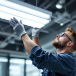 A photograph of a lighting contractor installing led t5 fixtures in a commercial space