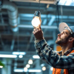 A photograph of a lighting contractor replacing a fluorescent bulb with an led fixture in a commercial setting