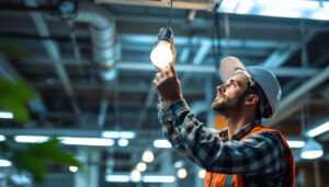 A photograph of a lighting contractor replacing a fluorescent bulb with an led fixture in a commercial setting