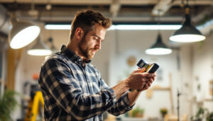A photograph of a lighting contractor in action