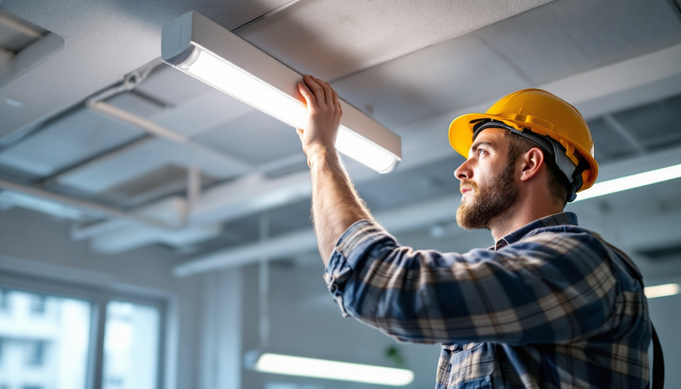 A photograph of a lighting contractor expertly replacing a fluorescent light fixture with an led one