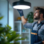 A photograph of a skilled lighting contractor installing or adjusting an automatic led light in a residential or commercial setting