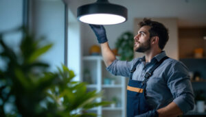 A photograph of a skilled lighting contractor installing or adjusting an automatic led light in a residential or commercial setting