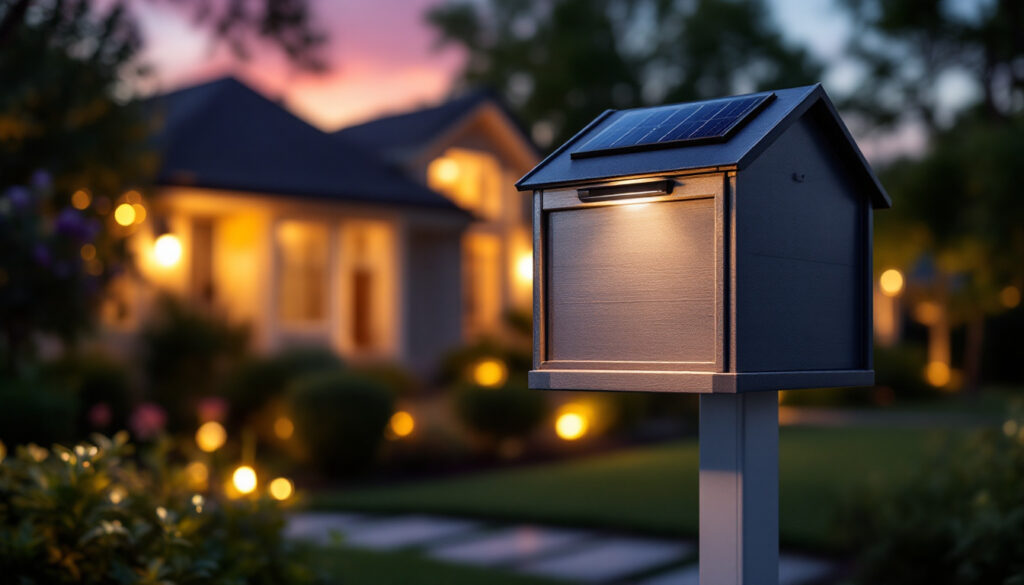 A photograph of a beautifully illuminated mailbox featuring a stylish solar light
