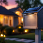 A photograph of a beautifully illuminated mailbox featuring a stylish solar light