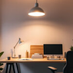 A photograph of a well-lit home office featuring a stylish ceiling light