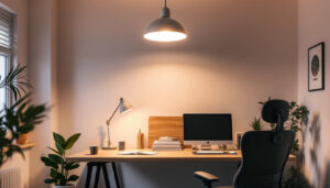 A photograph of a well-lit home office featuring a stylish ceiling light