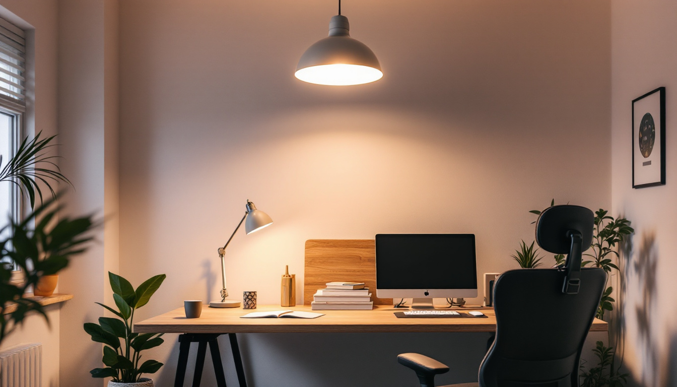 A photograph of a well-lit home office featuring a stylish ceiling light