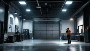 A photograph of a well-lit garage showcasing various lighting installations