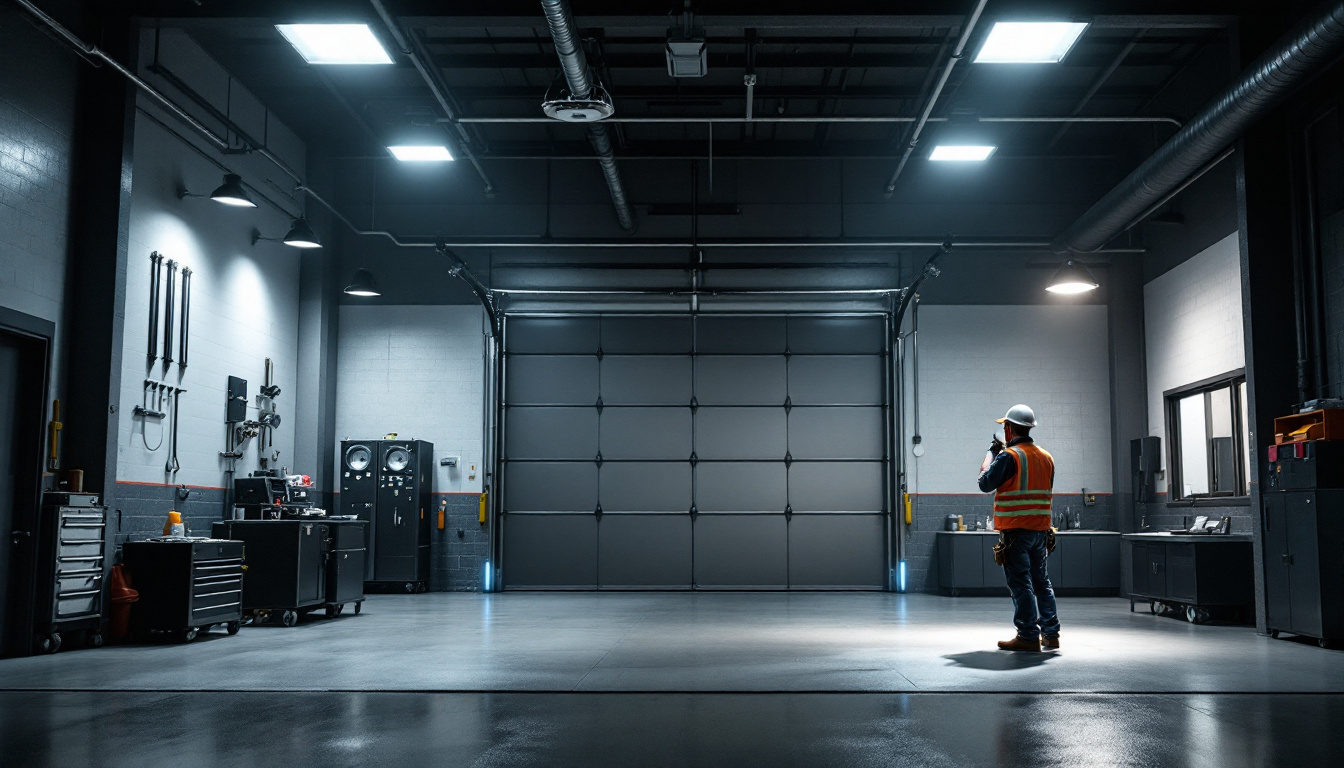 A photograph of a well-lit garage showcasing various lighting installations