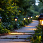 A photograph of a beautifully illuminated outdoor pathway featuring various styles of solar pathway lights