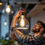 A photograph of a lighting contractor installing or adjusting a stylish commercial pendant light in a modern workspace