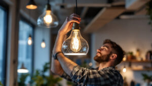 A photograph of a lighting contractor installing or adjusting a stylish commercial pendant light in a modern workspace