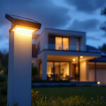 A photograph of a beautifully designed exterior solar house light illuminating a modern home at dusk