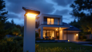 A photograph of a beautifully designed exterior solar house light illuminating a modern home at dusk