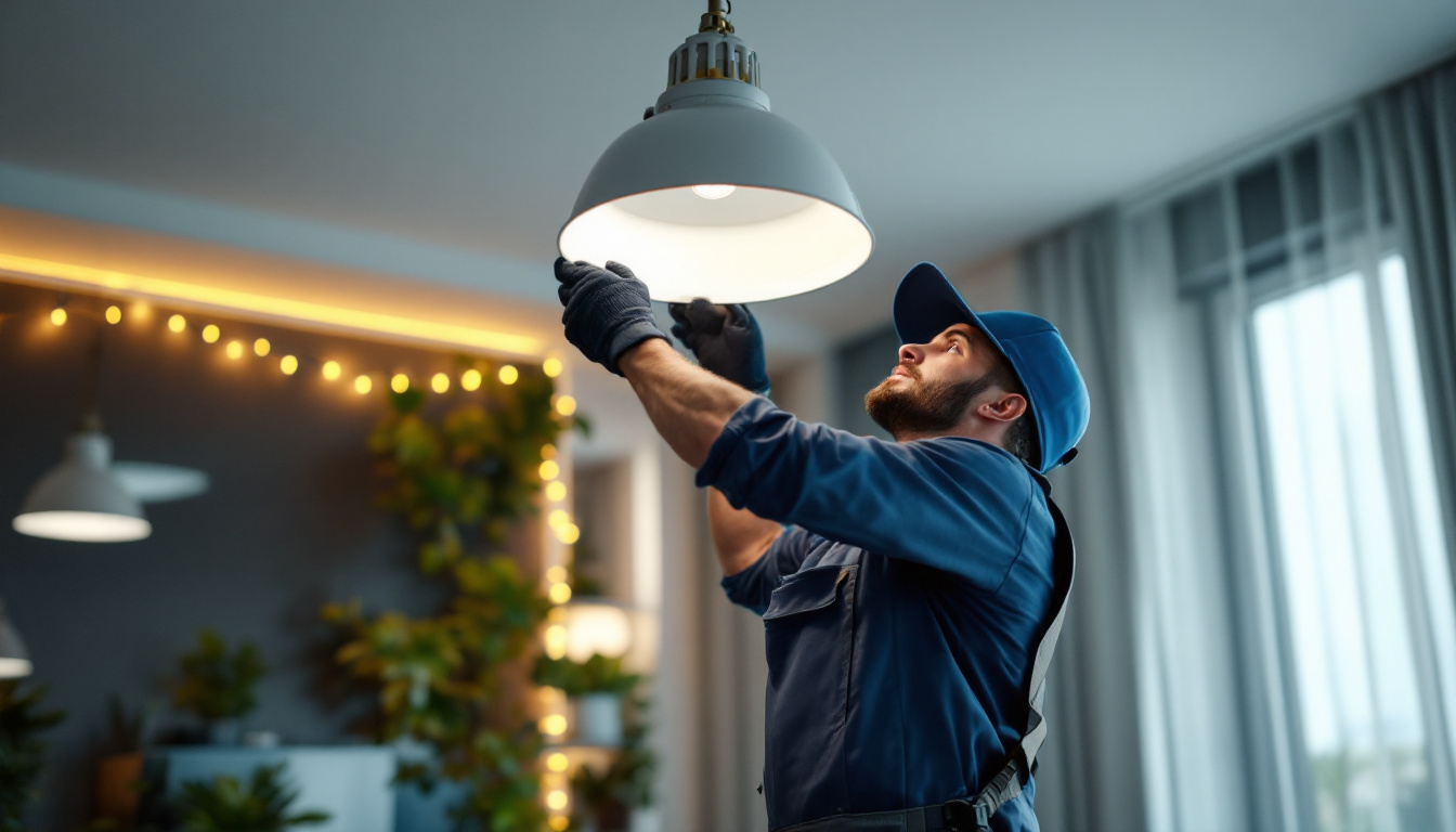 A photograph of a skilled lighting contractor expertly installing a high hat light fixture in a stylish residential or commercial setting