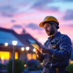 A photograph of a lighting contractor installing solar led lights in a residential outdoor setting