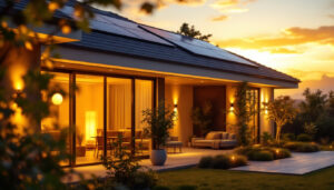 A photograph of a modern solar panel installation illuminating a well-lit outdoor space