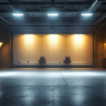 A photograph of a well-lit garage featuring various led lighting solutions installed in different areas