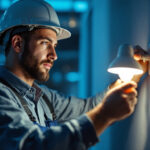 A photograph of a skilled lighting contractor expertly installing or adjusting a type b led lamp in a well-lit