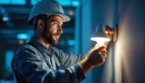 A photograph of a skilled lighting contractor expertly installing or adjusting a type b led lamp in a well-lit