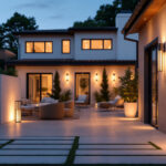 A photograph of capture a photograph of a beautifully illuminated outdoor space featuring a variety of stylish lighting fixtures