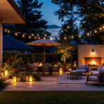 A photograph of a beautifully illuminated outdoor space featuring a variety of stylish light fixtures