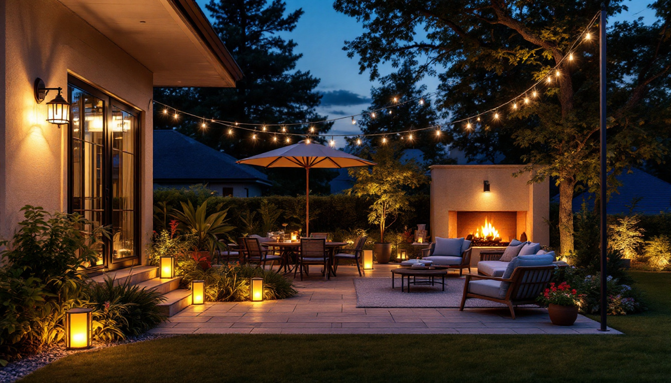 A photograph of a beautifully illuminated outdoor space featuring a variety of stylish light fixtures