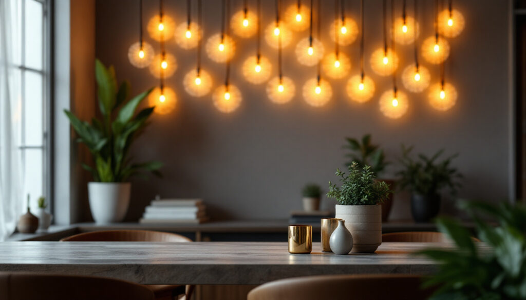 A photograph of a beautifully designed waffle light installation in a modern interior setting