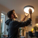 A photograph of a skilled lighting contractor installing wafer recessed lights in a modern home setting