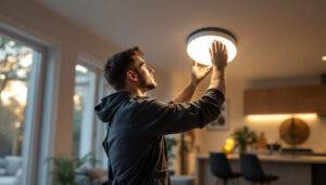 A photograph of a skilled lighting contractor installing wafer recessed lights in a modern home setting