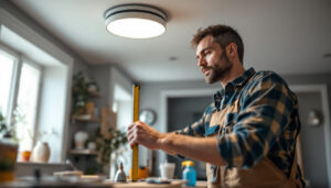 A photograph of a lighting contractor measuring the dimensions of a recessed can light in a well-lit room