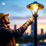 A photograph of a lighting contractor installing a modern street lamp bulb in an urban setting