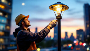 A photograph of a lighting contractor installing a modern street lamp bulb in an urban setting