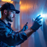 A photograph of a professional lighting contractor installing a vibrant led light strip in a modern interior setting