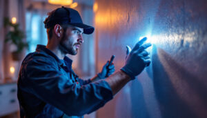 A photograph of a professional lighting contractor installing a vibrant led light strip in a modern interior setting