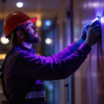 A photograph of capture a photograph of a lighting contractor installing or demonstrating ultraviolet uvc lights in a commercial or residential setting