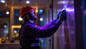 A photograph of capture a photograph of a lighting contractor installing or demonstrating ultraviolet uvc lights in a commercial or residential setting