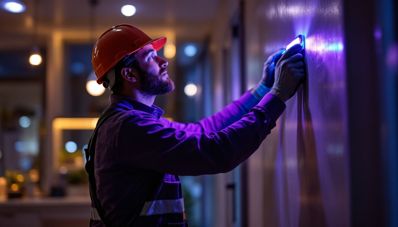 A photograph of capture a photograph of a lighting contractor installing or demonstrating ultraviolet uvc lights in a commercial or residential setting