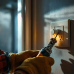A photograph of a skilled lighting contractor installing a receptacle switch in a well-lit residential setting
