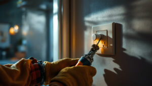 A photograph of a skilled lighting contractor installing a receptacle switch in a well-lit residential setting